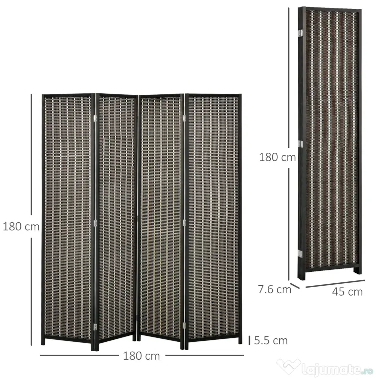 HOMCOM Paravan Separare Spațiu, 4 Panouri, Lemn și Bambus, 180x180x1.9cm, Negru și Maro | Aosom Romania
