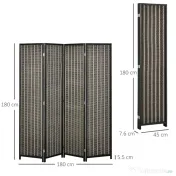 HOMCOM Paravan Separare Spațiu, 4 Panouri, Lemn și Bambus, 180x180x1.9cm, Negru și Maro | Aosom Romania
