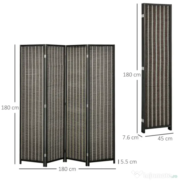 HOMCOM Paravan Separare Spațiu, 4 Panouri, Lemn și Bambus, 180x180x1.9cm, Negru și Maro | Aosom Romania