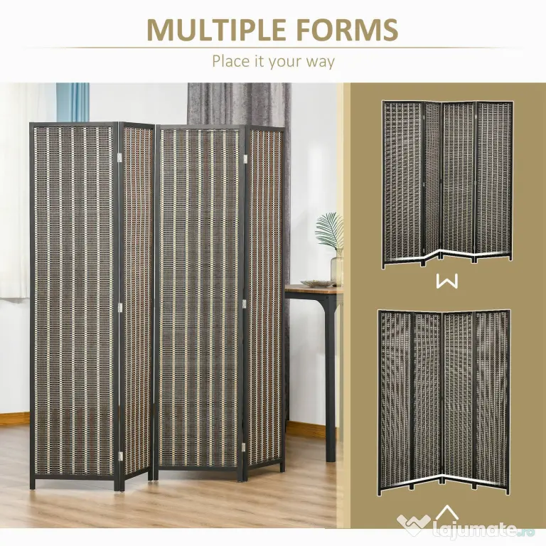 HOMCOM Paravan Separare Spațiu, 4 Panouri, Lemn și Bambus, 180x180x1.9cm, Negru și Maro | Aosom Romania