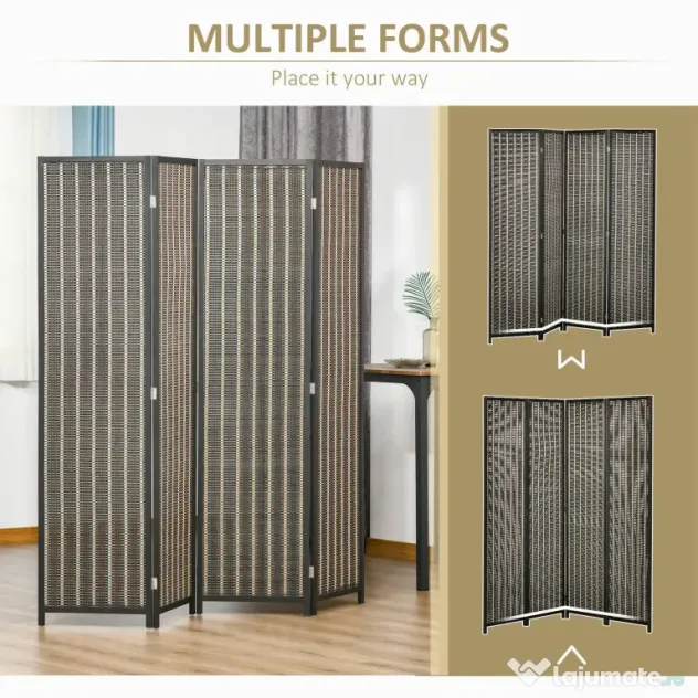 HOMCOM Paravan Separare Spațiu, 4 Panouri, Lemn și Bambus, 180x180x1.9cm, Negru și Maro | Aosom Romania