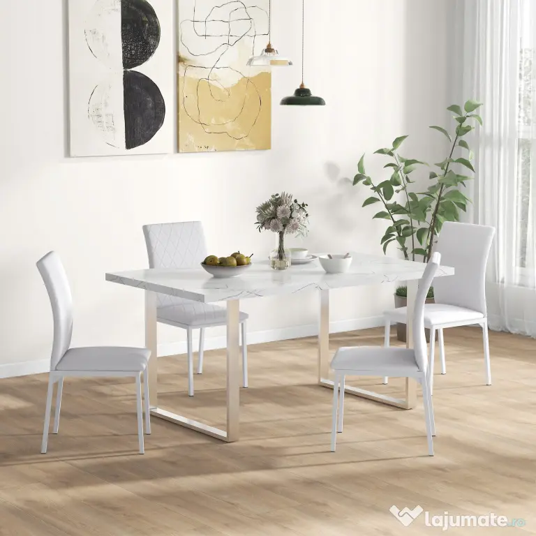 HOMCOM Scaune Sufragerie 4piese, cu Design Modern și Imitație de Piele, 41x50x92 cm, Alb | Aosom Romania