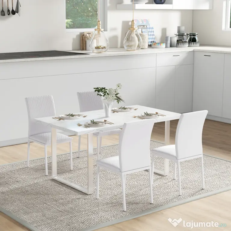 HOMCOM Scaune Sufragerie 4piese, cu Design Modern și Imitație de Piele, 41x50x92 cm, Alb | Aosom Romania