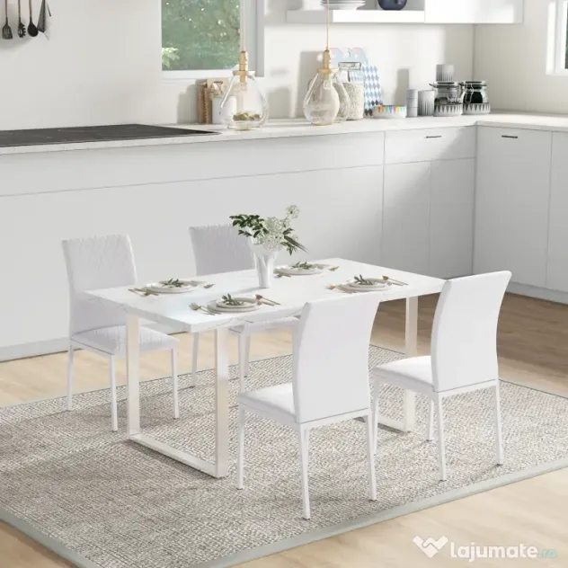 HOMCOM Scaune Sufragerie 4piese, cu Design Modern și Imitație de Piele, 41x50x92 cm, Alb | Aosom Romania