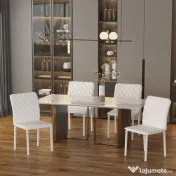HOMCOM Set 4 Scaune Dining – Tapitate cu Piele Ecologica Alba 