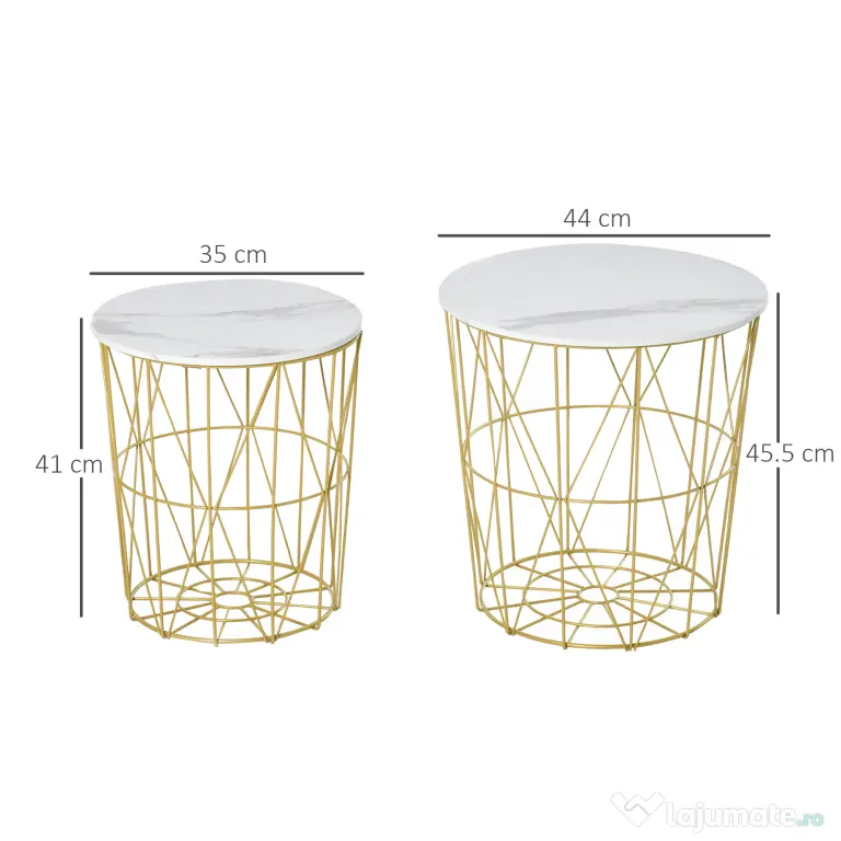 HOMCOM Set 2 Măsuțe de Sufragerie Stivuibile, Design Modern din Oțel și MDF, Φ44/Φ35x45.5cm, Alb Auriu | Aosom Romania