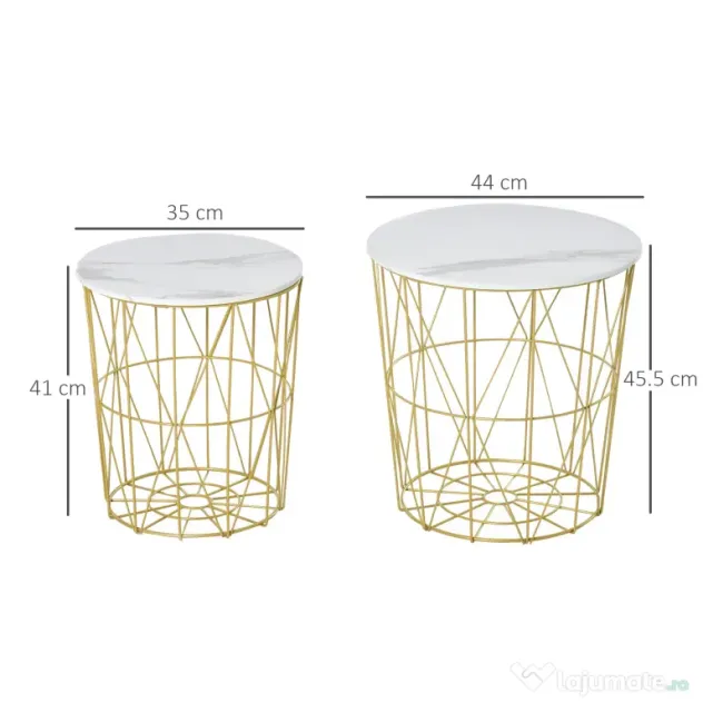 HOMCOM Set 2 Măsuțe de Sufragerie Stivuibile, Design Modern din Oțel și MDF, Φ44/Φ35x45.5cm, Alb Auriu | Aosom Romania