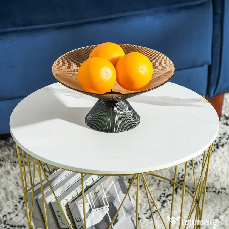 HOMCOM Set 2 Măsuțe de Sufragerie Stivuibile, Design Modern din Oțel și MDF, Φ44/Φ35x45.5cm, Alb Auriu | Aosom Romania