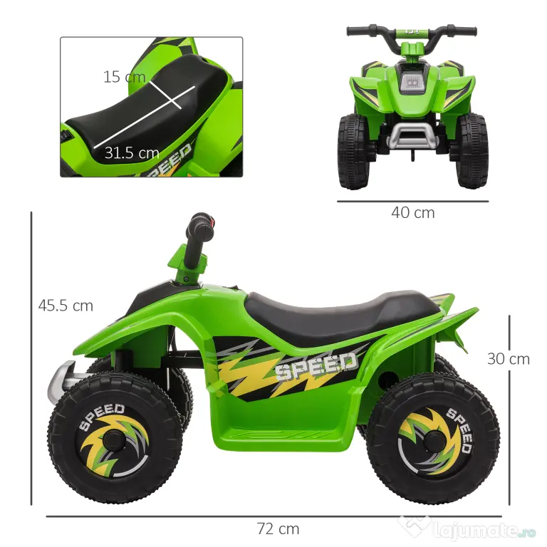 ATV Copii Electric HOMCOM cu Baterie Incarcabila 6V, Viteza 2,8-4,6km/h, Varsta 3-5 Ani, 72x40x45,5cm, Verde | Aosom Romania