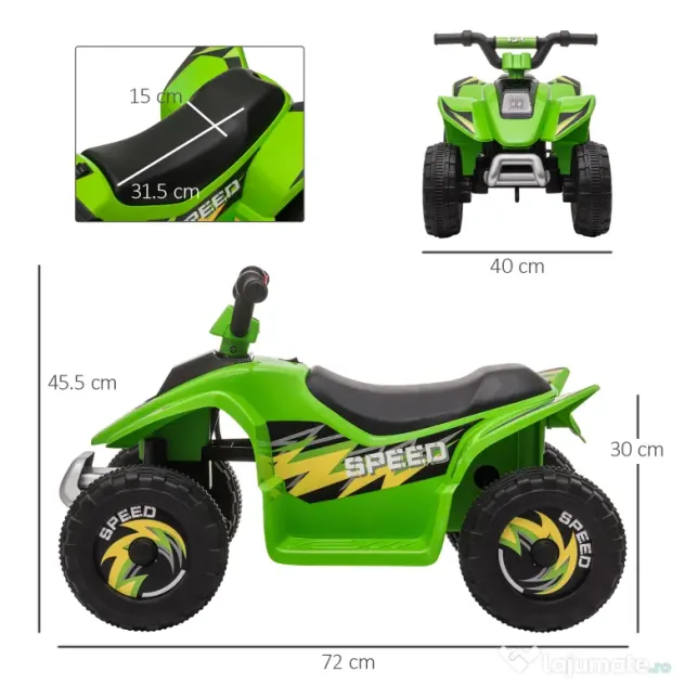 ATV Copii Electric HOMCOM cu Baterie Incarcabila 6V, Viteza 2,8-4,6km/h, Varsta 3-5 Ani, 72x40x45,5cm, Verde | Aosom Romania