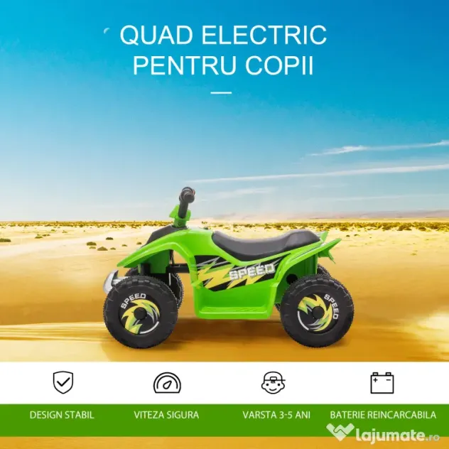 ATV Copii Electric HOMCOM cu Baterie Incarcabila 6V, Viteza 2,8-4,6km/h, Varsta 3-5 Ani, 72x40x45,5cm, Verde | Aosom Romania