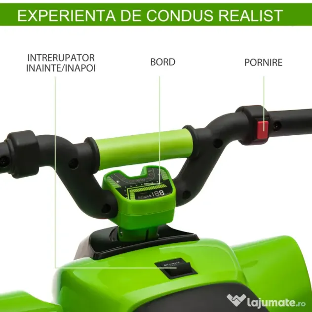 ATV Copii Electric HOMCOM cu Baterie Incarcabila 6V, Viteza 2,8-4,6km/h, Varsta 3-5 Ani, 72x40x45,5cm, Verde | Aosom Romania