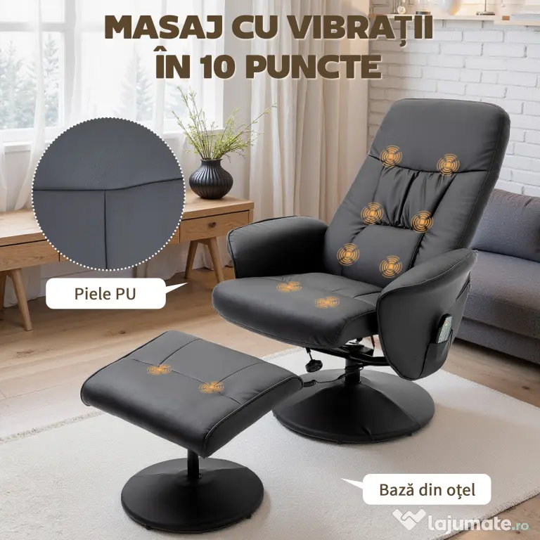 HOMCOM Fotoliu Relaxant cu Suport pentru Picioare, Reclinabil 145° cu Șezut Rotativ, cu 10 Puncte de Masaj, Negru | Aosom Romania