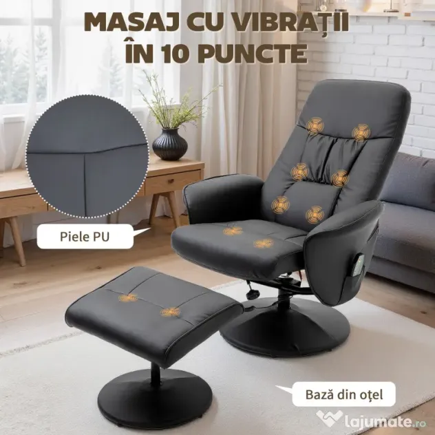 HOMCOM Fotoliu Relaxant cu Suport pentru Picioare, Reclinabil 145° cu Șezut Rotativ, cu 10 Puncte de Masaj, Negru | Aosom Romania