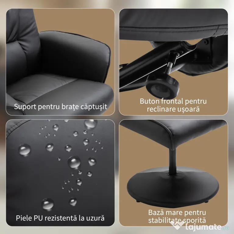 HOMCOM Fotoliu Relaxant cu Suport pentru Picioare, Reclinabil 145° cu Șezut Rotativ, cu 10 Puncte de Masaj, Negru | Aosom Romania