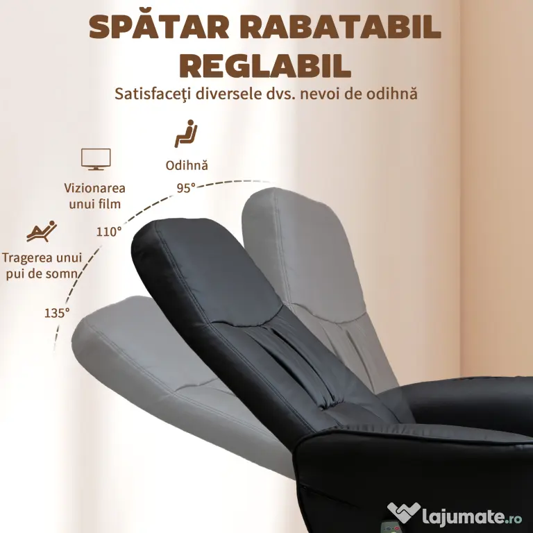 HOMCOM Fotoliu Relaxant cu Suport pentru Picioare, Reclinabil 145° cu Șezut Rotativ, cu 10 Puncte de Masaj, Negru | Aosom Romania