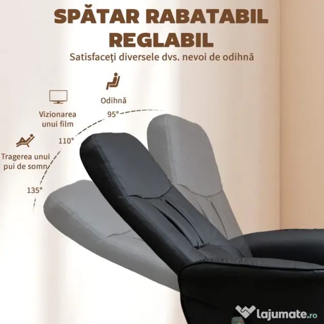 HOMCOM Fotoliu Relaxant cu Suport pentru Picioare, Reclinabil 145° cu Șezut Rotativ, cu 10 Puncte de Masaj, Negru | Aosom Romania
