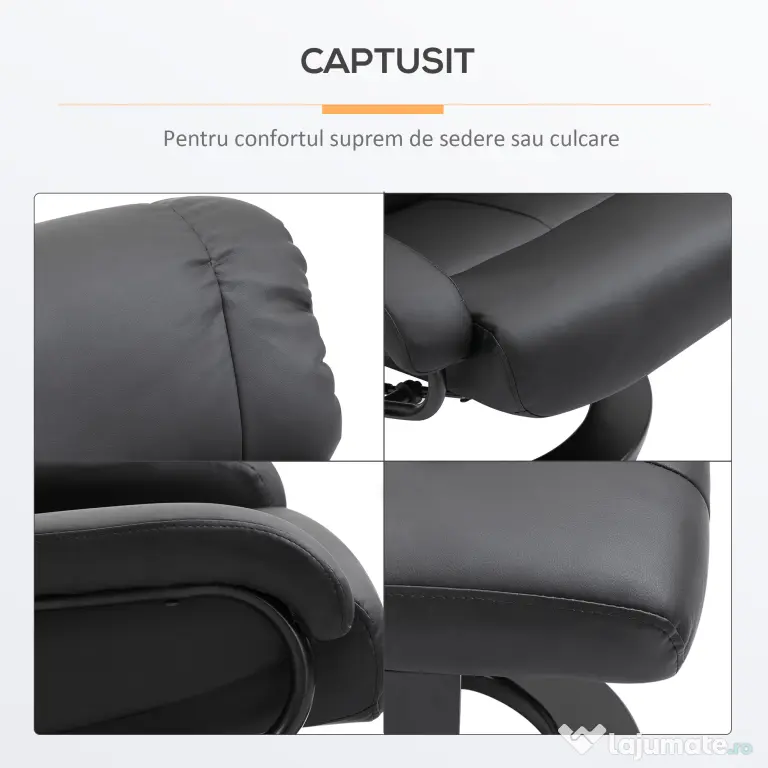 Fotoliu Rabatabil HOMCOM de Masaj cu Suport puf pentru picioare si Telecomanda, Capitonat cu Imitatie de piele, Negru | Aosom RO