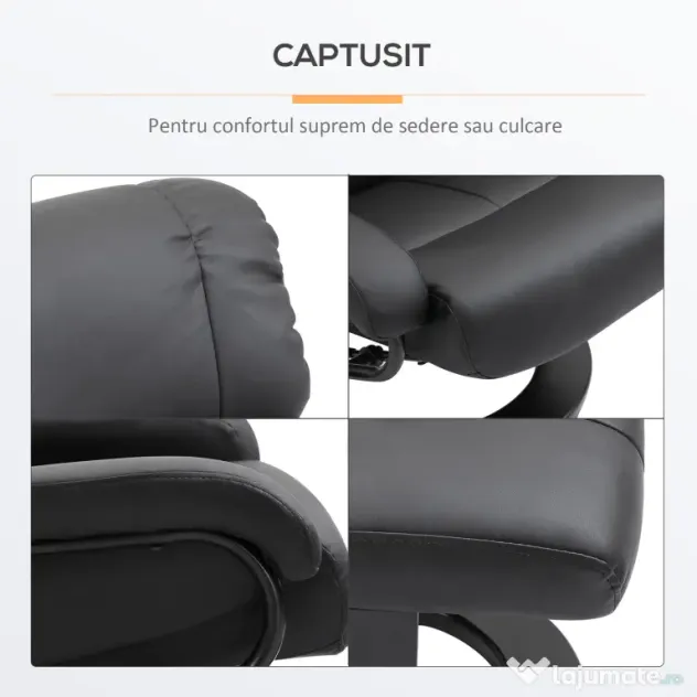 Fotoliu Rabatabil HOMCOM de Masaj cu Suport puf pentru picioare si Telecomanda, Capitonat cu Imitatie de piele, Negru | Aosom RO