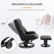 Fotoliu Rabatabil HOMCOM de Masaj cu Suport puf pentru picioare si Telecomanda, Capitonat cu Imitatie de piele, Negru | Aosom RO 