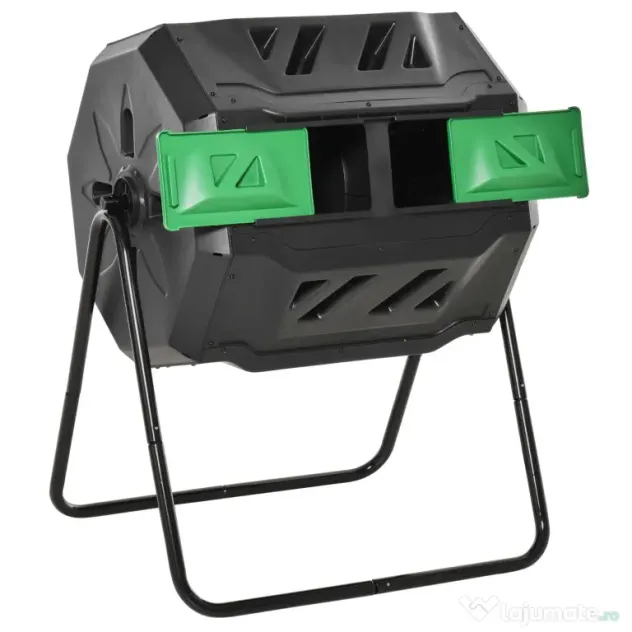 Outsunny Compostor Rotativ cu 2 Secțiuni și 8 Prize de Aerisire din Oțel și PP, 160L, 71x65x96 cm, Gri