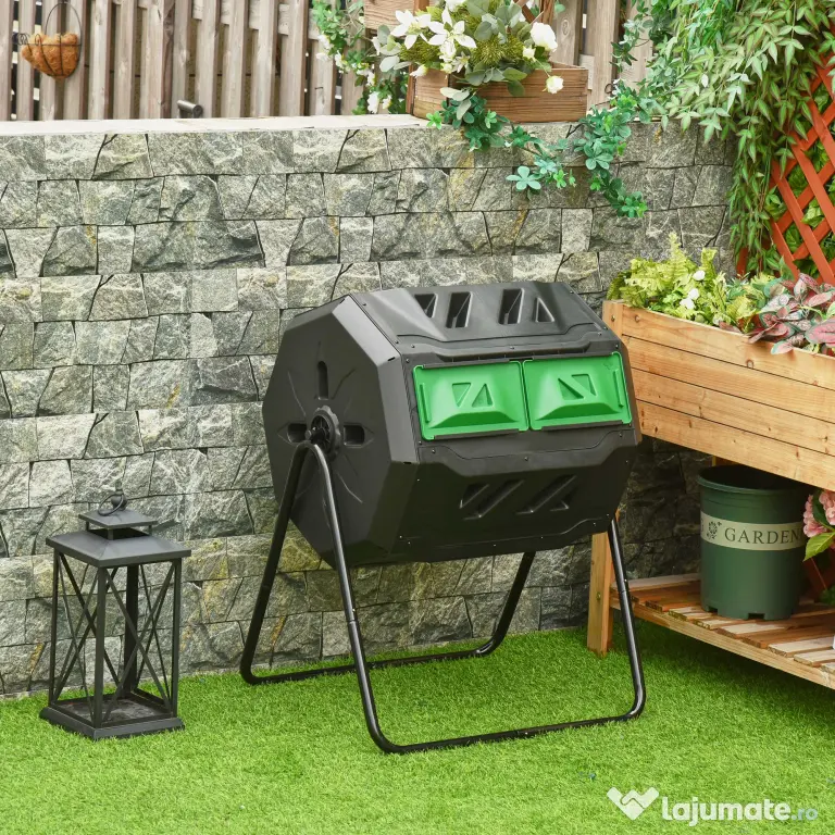 Outsunny Compostor Rotativ cu 2 Secțiuni și 8 Prize de Aerisire din Oțel și PP, 160L, 71x65x96 cm, Gri
