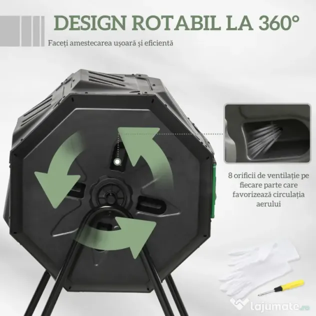 Outsunny Compostor Rotativ cu 2 Secțiuni și 8 Prize de Aerisire din Oțel și PP, 160L, 71x65x96 cm, Gri