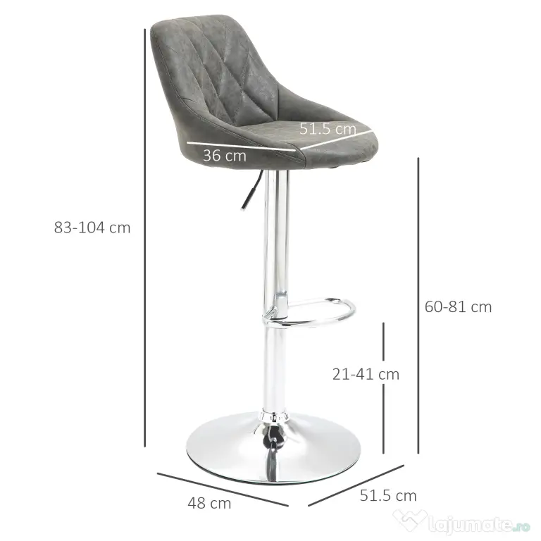 HOMCOM Set 2 Scaune Bar Pivotante Reglabile, Suport Picior, Imitație Piele, Design Modern, Gri | Aosom Romania