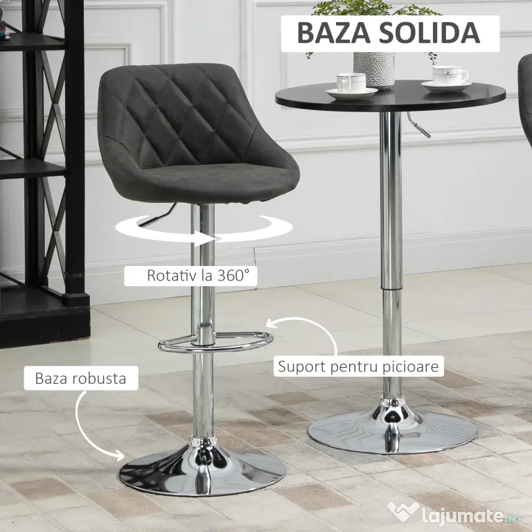 HOMCOM Set 2 Scaune Bar Pivotante Reglabile, Suport Picior, Imitație Piele, Design Modern, Gri | Aosom Romania