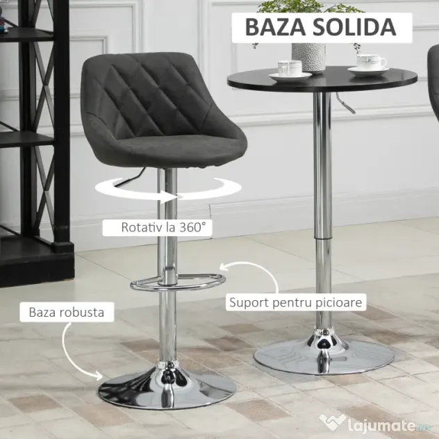 HOMCOM Set 2 Scaune Bar Pivotante Reglabile, Suport Picior, Imitație Piele, Design Modern, Gri | Aosom Romania