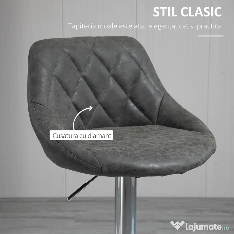 HOMCOM Set 2 Scaune Bar Pivotante Reglabile, Suport Picior, Imitație Piele, Design Modern, Gri | Aosom Romania