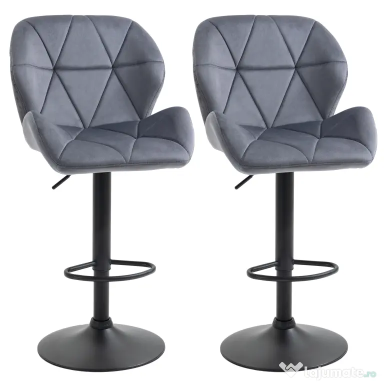 HOMCOM Set de 2 Scaune de Bar cu Înălțime Reglabilă, Bază Metalică și Șezut din Catifea, 51.5x57.5x93-114.5 cm, Gri | Aosom Romania