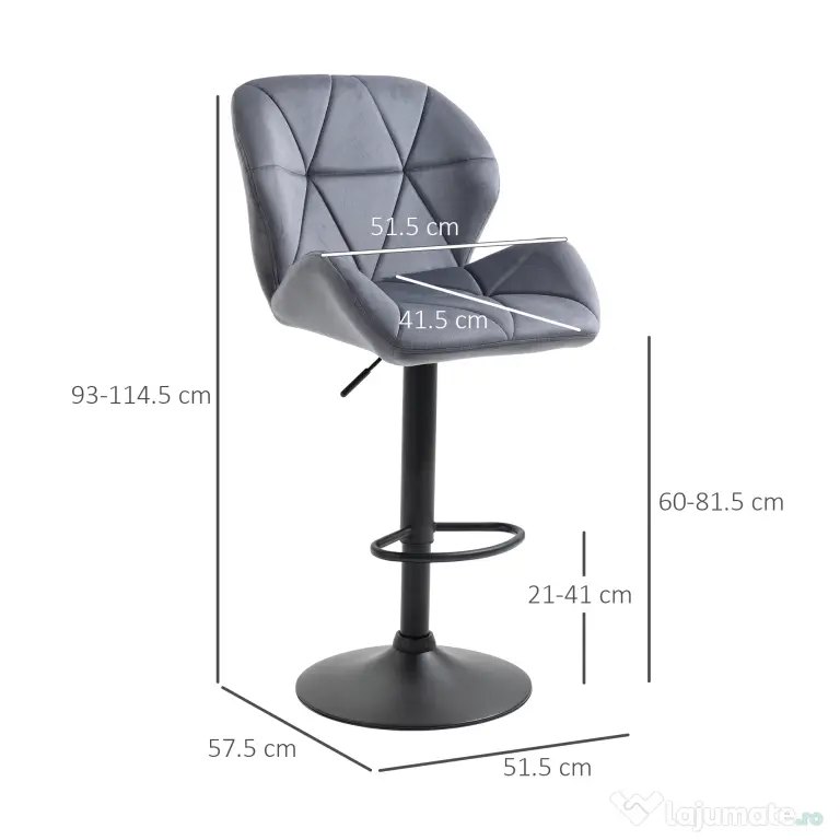 HOMCOM Set de 2 Scaune de Bar cu Înălțime Reglabilă, Bază Metalică și Șezut din Catifea, 51.5x57.5x93-114.5 cm, Gri | Aosom Romania