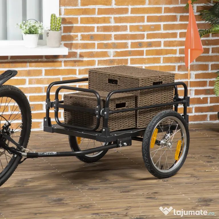 HOMCOM Remorcă pentru bicicletă de 70L cu 2 roți de 16", 2 reflectoare și steguleț, din oțel și PE, 125x64x53.5 cm, negru