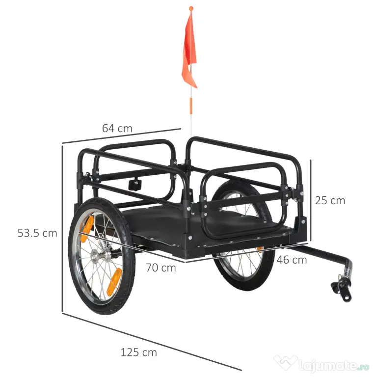 HOMCOM Remorcă pentru bicicletă de 70L cu 2 roți de 16", 2 reflectoare și steguleț, din oțel și PE, 125x64x53.5 cm, negru