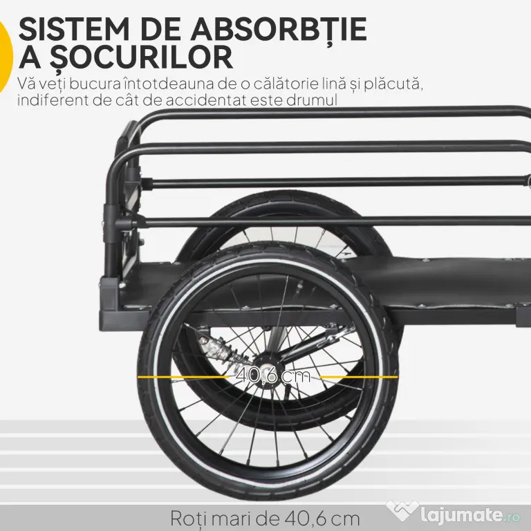 HOMCOM Remorcă pentru bicicletă de 70L cu 2 roți de 16", 2 reflectoare și steguleț, din oțel și PE, 125x64x53.5 cm, negru