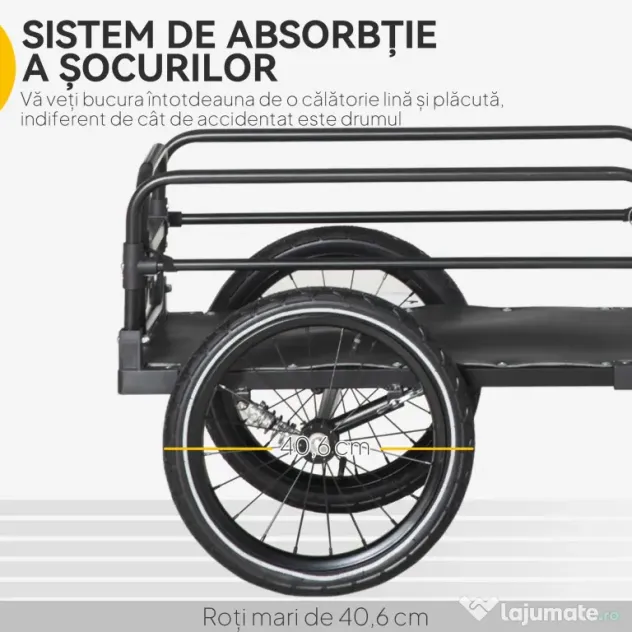HOMCOM Remorcă pentru bicicletă de 70L cu 2 roți de 16", 2 reflectoare și steguleț, din oțel și PE, 125x64x53.5 cm, negru