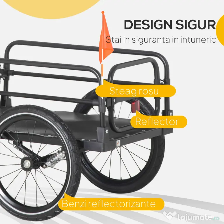 HOMCOM Remorcă pentru bicicletă de 70L cu 2 roți de 16", 2 reflectoare și steguleț, din oțel și PE, 125x64x53.5 cm, negru