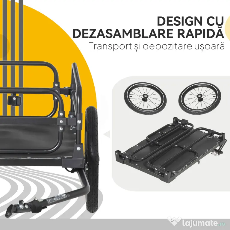 HOMCOM Remorcă pentru bicicletă de 70L cu 2 roți de 16", 2 reflectoare și steguleț, din oțel și PE, 125x64x53.5 cm, negru