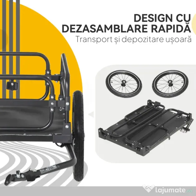 HOMCOM Remorcă pentru bicicletă de 70L cu 2 roți de 16", 2 reflectoare și steguleț, din oțel și PE, 125x64x53.5 cm, negru