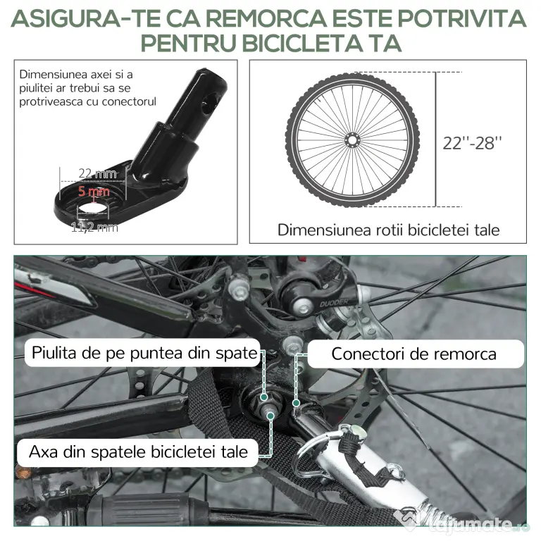 HOMCOM Remorcă pentru bicicletă de 70L cu 2 roți de 16", 2 reflectoare și steguleț, din oțel și PE, 125x64x53.5 cm, negru