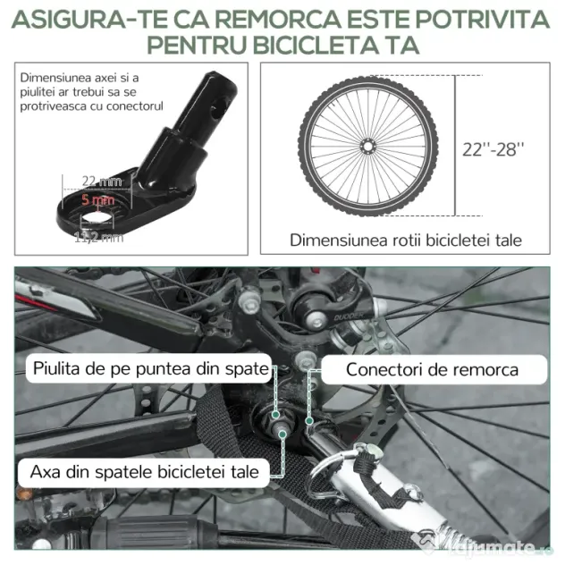 HOMCOM Remorcă pentru bicicletă de 70L cu 2 roți de 16", 2 reflectoare și steguleț, din oțel și PE, 125x64x53.5 cm, negru