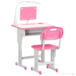 HOMCOM Set Birou și Scaun pentru Copii 6-12 Ani, Înălțime Reglabilă, Lampă LED, Sertar Depozitare, Suport Cărți, Birou Ergonomic pentru Studiu, Roz