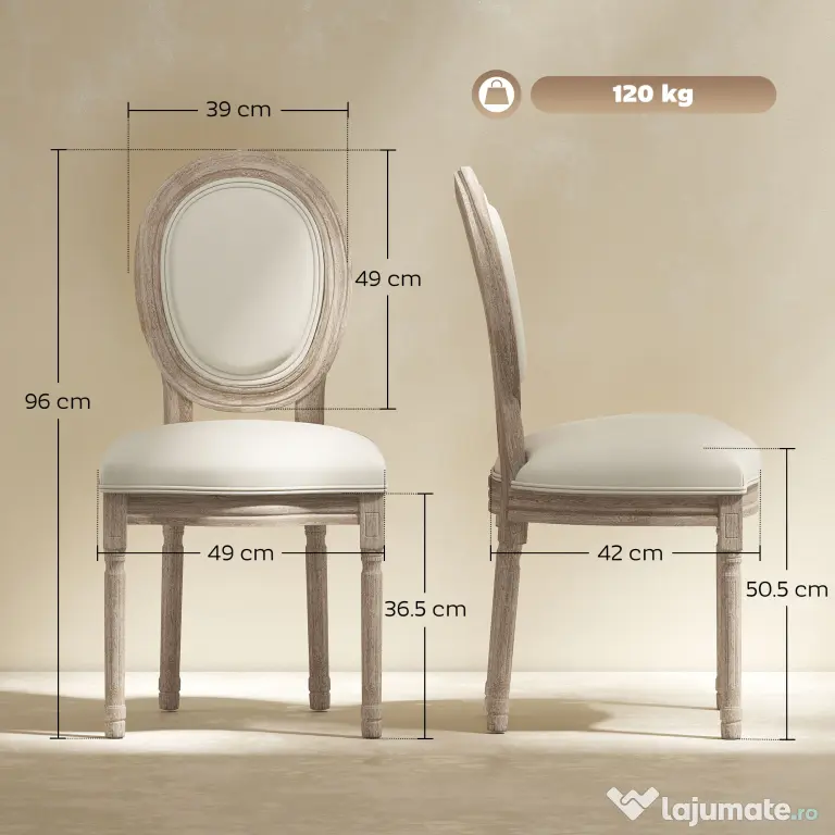 HOMCOM Set 2 Scaune Capitonate Vintage, Design Elegant, pentru Living sau Sufragerie, Albe | Aosom Romania
