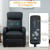 HOMCOM Fotoliu pentru relaxare cu masaj cu 8 moduri si 5 intensitati, cu suport pentru picioare si telecomanda, din piele PU, negru