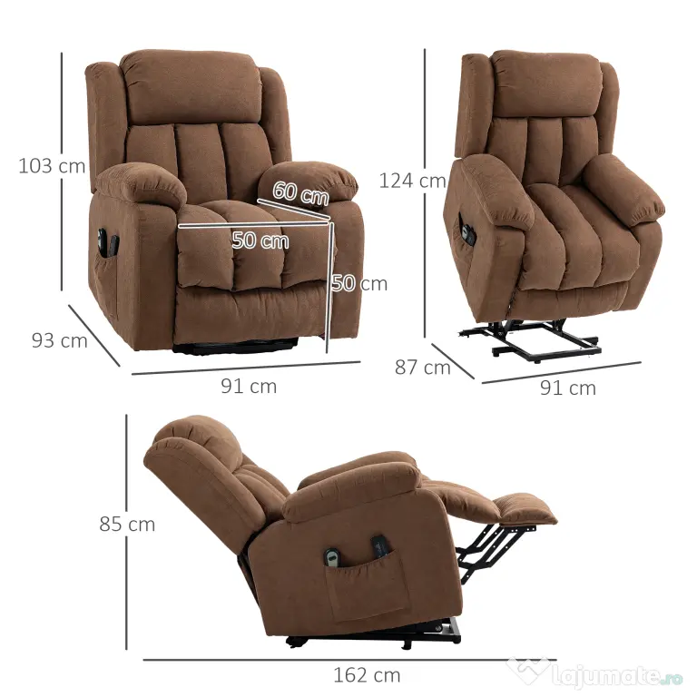 HOMCOM Scaun cu Ridicare și Înclinare, Scaun Tapițat din Material Rezistent pentru Sufragerie cu Telecomandă, 91x93x103 cm, Maro | Aosom Romania