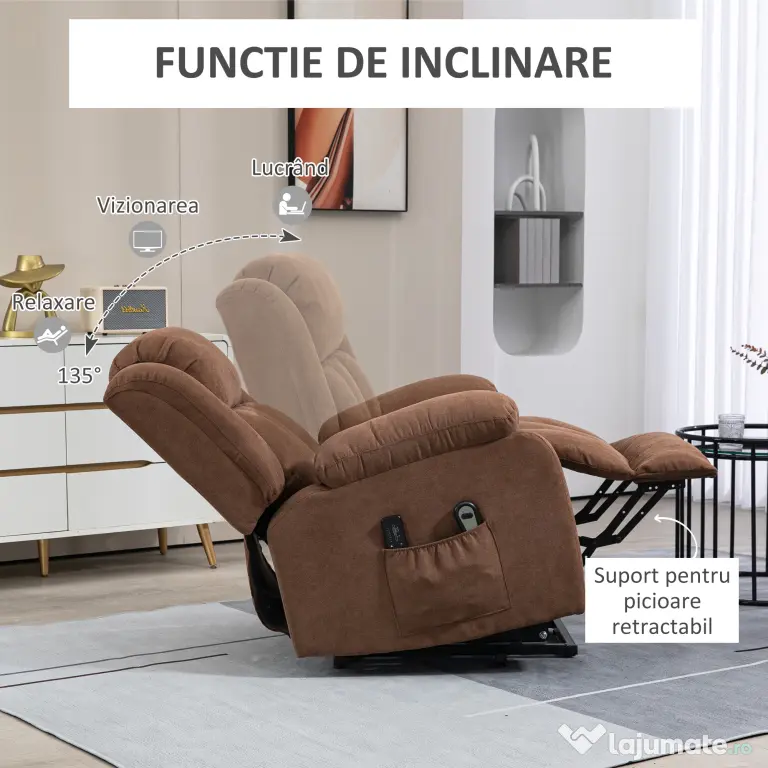 HOMCOM Scaun cu Ridicare și Înclinare, Scaun Tapițat din Material Rezistent pentru Sufragerie cu Telecomandă, 91x93x103 cm, Maro | Aosom Romania