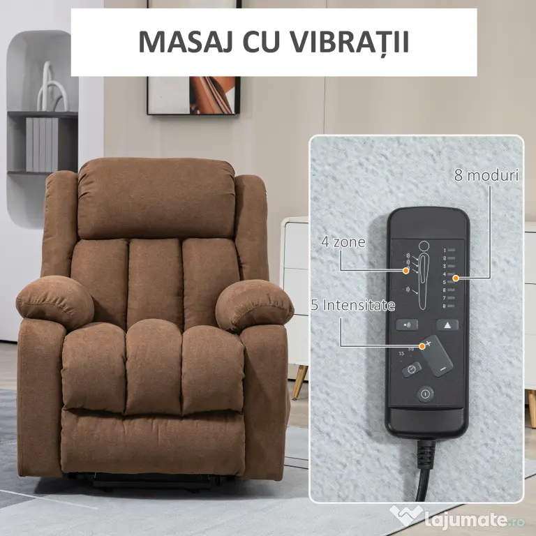HOMCOM Scaun cu Ridicare și Înclinare, Scaun Tapițat din Material Rezistent pentru Sufragerie cu Telecomandă, 91x93x103 cm, Maro | Aosom Romania