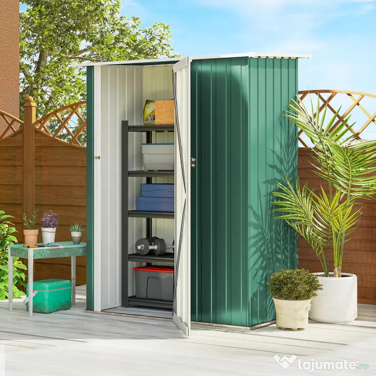 Outsunny Magazie Grădină Dulap pentru Scule 142x84x189cm Din Otel Impermeabil Verde Inchis | Aosom Romania