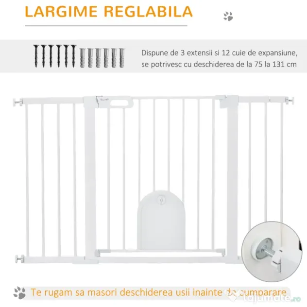 PawHut Poartă Extensibilă pentru Câini cu Ușă Autoînchidere Metal/ABS 75-131x76cm Siguranță Animale | Aosom Romania